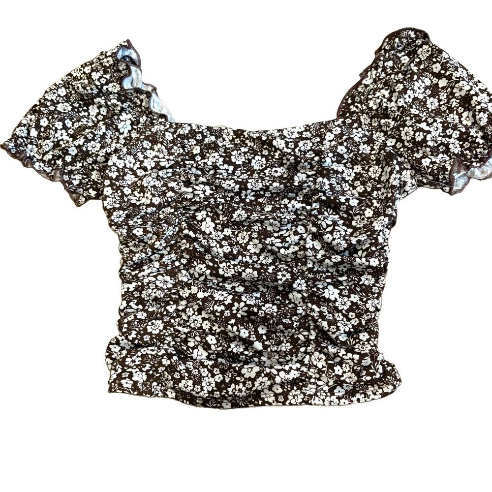 Moa Moa Floral Brown Puff Cap Sleeve Crop Top Jrs M Cottagecore Fairycore Ruched